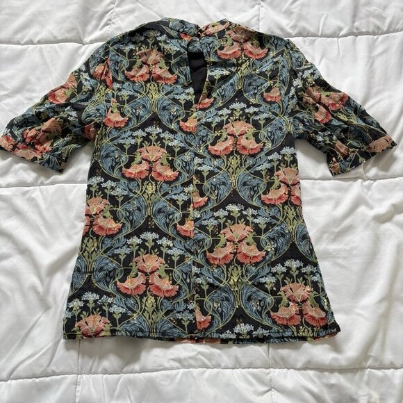 Anthropologie Meadow Rue Blue Gold Floral Blouse High Neck Top Womens Size‎ 0 - Picture 6 of 6